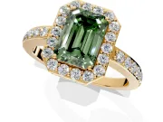 Halo Engagement Ring Setting for Fancy Green Emerald Cut Center with Heart-Shaped Openwork, Pave Band and Prong Head in Yellow Gold