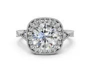 Halo Engagement Ring Setting for Round Cut Center with Milgrain Rim, Pave Band and Prong Head in Platinum