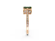 Cathedral Engagement Ring Setting for Fancy Green Emerald Cut Center with Antique-Style Pave Band and Prong Head in Rose Gold