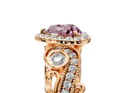Milgrain Halo Engagement Ring Setting for Fancy Pink Heart-Shaped Center with Shoulder Bezels and Prong Head in Rose Gold