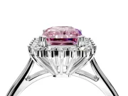 Starburst Halo Engagement Ring Setting for Fancy Pink Radiant Cut Center with Thin Round-Wire Band and Prong Head in Platinum
