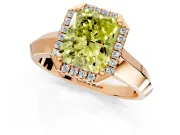 Halo Engagement Ring Setting for Fancy Yellow Radiant Cut Center with Knife Ridge Cathedral Band and Prong Head in Rose Gold