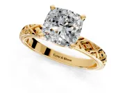 Solitaire Engagement Ring Setting for Cushion Cut Center with Milgrain X Pattern Band and Prong Head in Yellow Gold