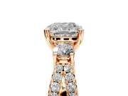 3 Stone Engagement Ring Setting for Cushion Cut Center with Pave Split Shank and Prong Head in Rose Gold