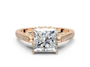 Cathedral Engagement Ring Setting for Princess Cut Center with Antique-Style Pave Band and Prong Head in Rose Gold