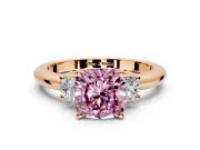 3 Stone Engagement Ring Setting for Fancy Pink Cushion Cut Center with Wide Plain Band and Prong Head in Rose Gold