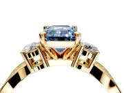 3 Stone Engagement Ring Setting for Fancy Blue Emerald Cut Center with Pave Twist Band and Prong Head in Yellow Gold