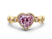 Milgrain Bezel Engagement Ring Setting for Fancy Pink Heart-Shaped Center with Marquise Stations and Bezel Head in Yellow Gold