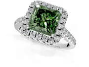 Halo Engagement Ring Setting for Fancy Green Princess Cut Center with Raised Halo, Pave Band and Prong Head in White Gold
