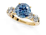 5 Stone Engagement Ring Setting for Fancy Blue Round Cut Center with Graduated Accents and Prong Head in Yellow Gold