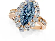 Halo Engagement Ring Setting for Fancy Blue Marquise Center with Milgrain Channel Band and Prong Head in Rose Gold