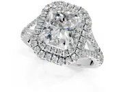 Double Halo Engagement Ring Setting for Radiant Cut Center with Narrow Pave Split Shank and Prong Head in White Gold