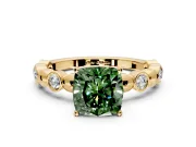 Solitaire Engagement Ring Setting for Fancy Green Cushion Cut Center with Beaded Bezel Station Band and Prong Head in Yellow Gold