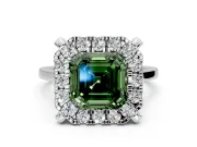 Single Halo Engagement Ring Setting for Fancy Green Asscher Cut Center with Corner Claws, Plain Band and Prong Head in Sterling Silver