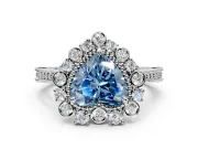 Milgrain Halo Engagement Ring Setting for Fancy Blue Heart-Shaped Center with Bezel Point Accents and Prong Head in Platinum