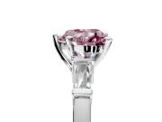 3 Stone Engagement Ring Setting for Fancy Pink Heart-Shaped Center with Channel Baguette Accents and Prong Head in Platinum