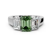3 Stone Engagement Ring Setting for Fancy Green Emerald Cut Center with Raised Basket Heads and Prong Head in White Gold