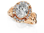 Halo Engagement Ring Setting for Oval Center with Open Scroll Shoulders and Prong Head in Rose Gold