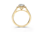 Halo Engagement Ring Setting for Cushion Cut Center with Narrowing Pave Band and Prong Head in Yellow Gold