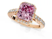 Halo Engagement Ring Setting for Fancy Pink Radiant Cut Center with Full Pave Band and Prong Head in Rose Gold