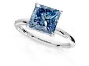 Hidden Halo Engagement Ring Setting for Fancy Blue Princess Cut Center with Thin Rounded Band and Prong Head in Sterling Silver