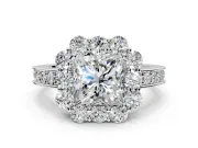 Halo Engagement Ring Setting for Princess Cut Center with Milgrain Channel Band and Prong Head in Sterling Silver