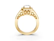 Halo Engagement Ring Setting for Radiant Cut Center with Milgrain Split Shank and Prong Head in Yellow Gold
