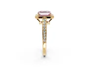 Bezel-Framed Halo Engagement Ring Setting for Fancy Pink Asscher Cut Center with Pave Band and Prong Head in Yellow Gold