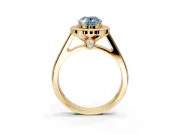 Halo Engagement Ring Setting for Fancy Blue Oval Center with Outer Bezel Rim, Pave Band and Prong Head in Yellow Gold