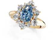 Small-Accent Cluster Halo Engagement Ring Setting for Fancy Blue Pear-Shaped Center with Plain Band and Prong Head in Yellow Gold