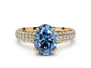 Solitaire Engagement Ring Setting for Fancy Blue Oval Center with Multi-Row Pave Accents and Basket Head in Yellow Gold