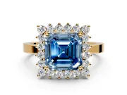 Starburst Halo Engagement Ring Setting for Fancy Blue Asscher Cut Center with Flat Cathedral Band and Prong Head in Yellow Gold