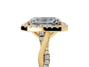 Halo Engagement Ring Setting for Emerald Cut Center with Twist Band and Prong Head in Yellow Gold