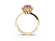 Halo Engagement Ring Setting for Fancy Pink Round Cut Center with Openwork Halo, Pave Band and Prong Head in Yellow Gold