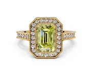 Halo Engagement Ring Setting for Fancy Yellow Emerald Cut Center with Milgrain Pave Band and Bezel Head in Yellow Gold