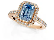 Halo Engagement Ring Setting for Fancy Blue Emerald Cut Center with Inner Milgrain Border and Prong Head in Rose Gold