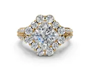 Large Accent Halo Engagement Ring Setting for Princess Cut Center with Pave Split Shank and Prong Head in Yellow Gold