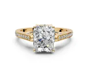 Cathedral Engagement Ring Setting for Radiant Cut Center with Antique-Style Pave Band and Prong Head in Yellow Gold
