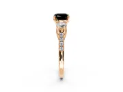 3 Stone Engagement Ring Setting for Fancy Black Cushion Cut Center with Crossover Basket, Pave Band and Prong Head in Rose Gold