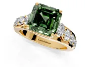 Solitaire Engagement Ring Setting for Fancy Green Asscher Cut Center with Graduated Shared Prongs and Prong Head in Yellow Gold