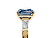 3 Stone Engagement Ring Setting for Fancy Blue Asscher Cut Center with Tapered Baguettes, Plain Band and Prong Head in Yellow Gold