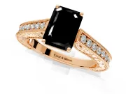 Solitaire Engagement Ring Setting for Fancy Black Emerald Cut Center with Engraved Pave Band and Prong Head in Rose Gold