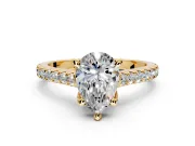 Solitaire Engagement Ring Setting for Pear-Shaped Center with Widening Pave Band and Claw Prong Head in Yellow Gold