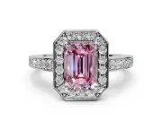 Bezel-Framed Halo Engagement Ring Setting for Fancy Pink Emerald Cut Center with Pave Band and Prong Head in Platinum