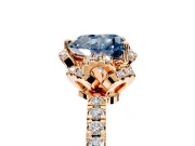 Halo Engagement Ring Setting for Fancy Blue Heart-Shaped Center with Openwork Halo, Pave Band and Prong Head in Rose Gold