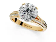Solitaire Engagement Ring Setting for Round Cut Center with Pave Rail Split Shank and Prong Head in Yellow Gold