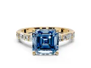 Baguette Engagement Ring Setting for Fancy Blue Asscher Cut Center with Alternating Bar-Set Band and Prong Head in Yellow Gold