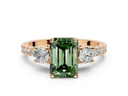 3 Stone Engagement Ring Setting for Fancy Green Emerald Cut Center with Round Cut Side Accents and Prong Head in Rose Gold