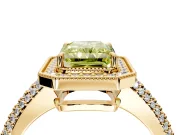 Milgrain Halo Engagement Ring Setting for Fancy Yellow Radiant Cut Center with Three-Sided Pave Band and Prong Head in Yellow Gold