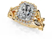 Halo Engagement Ring Setting for Radiant Cut Center with Leaf Motif Split Shank and Prong Head in Yellow Gold